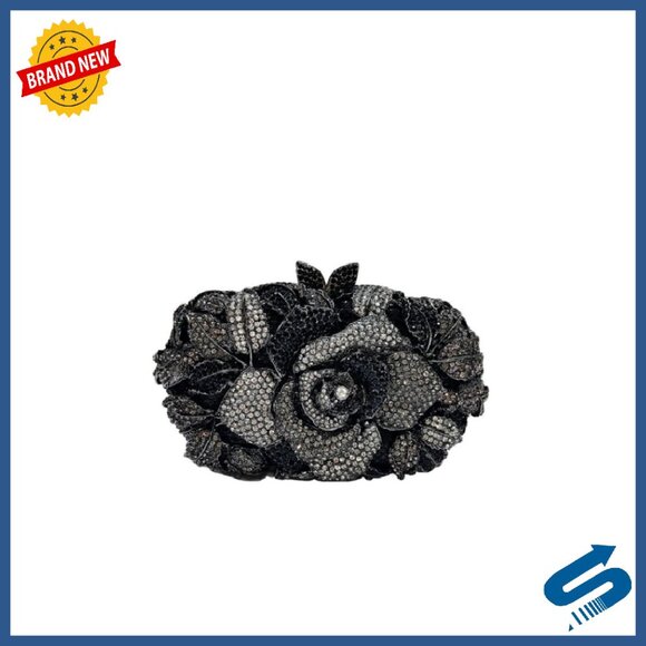 Sparkly Rhinestone Evening Clutch with Rose Design, Detachable Chain, 7.3\